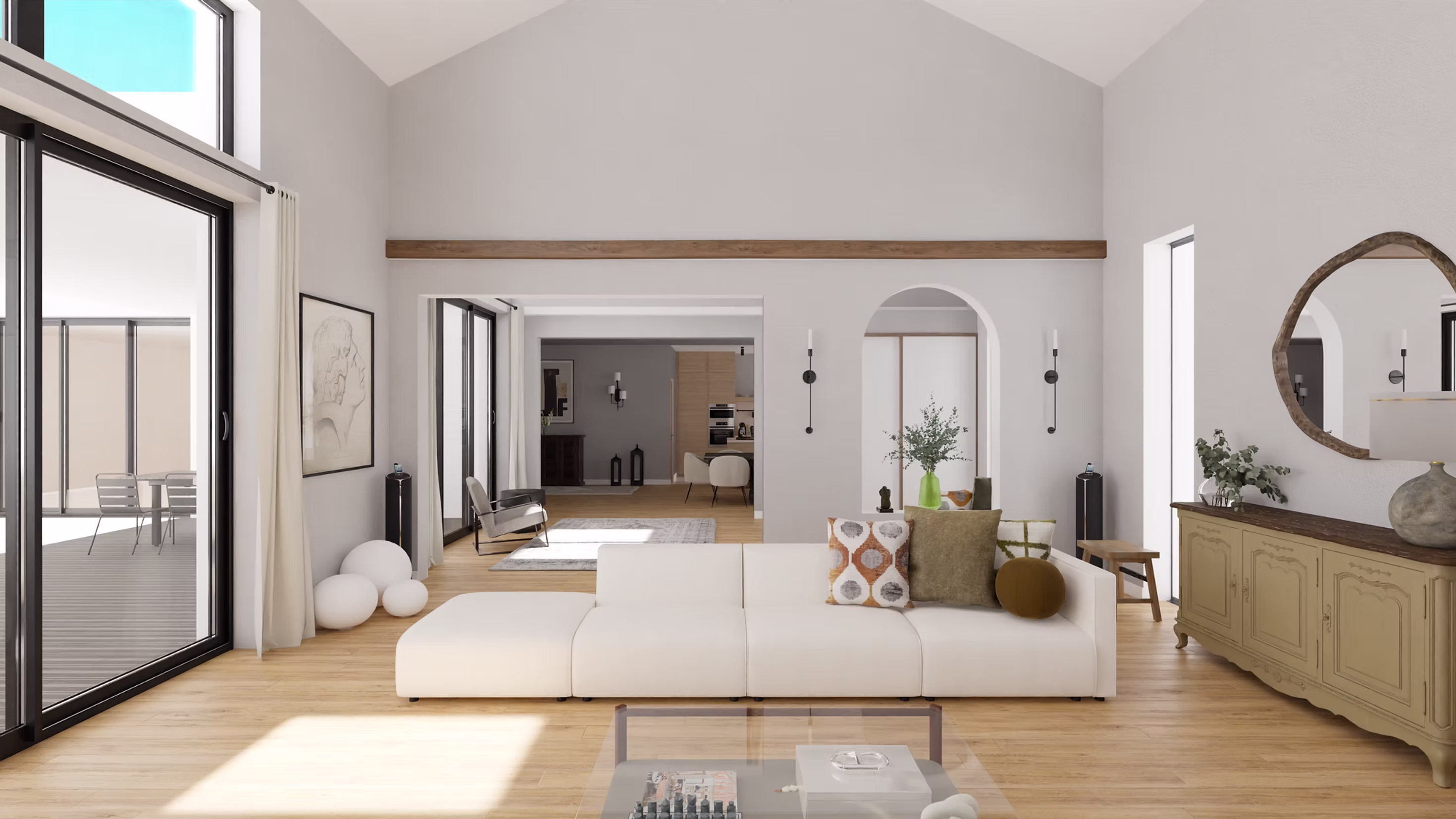 Séjour spacieux et lumineux avec canapé blanc, poutres apparentes et grandes ouvertures, architecture d’intérieur d’une maison contemporaine.