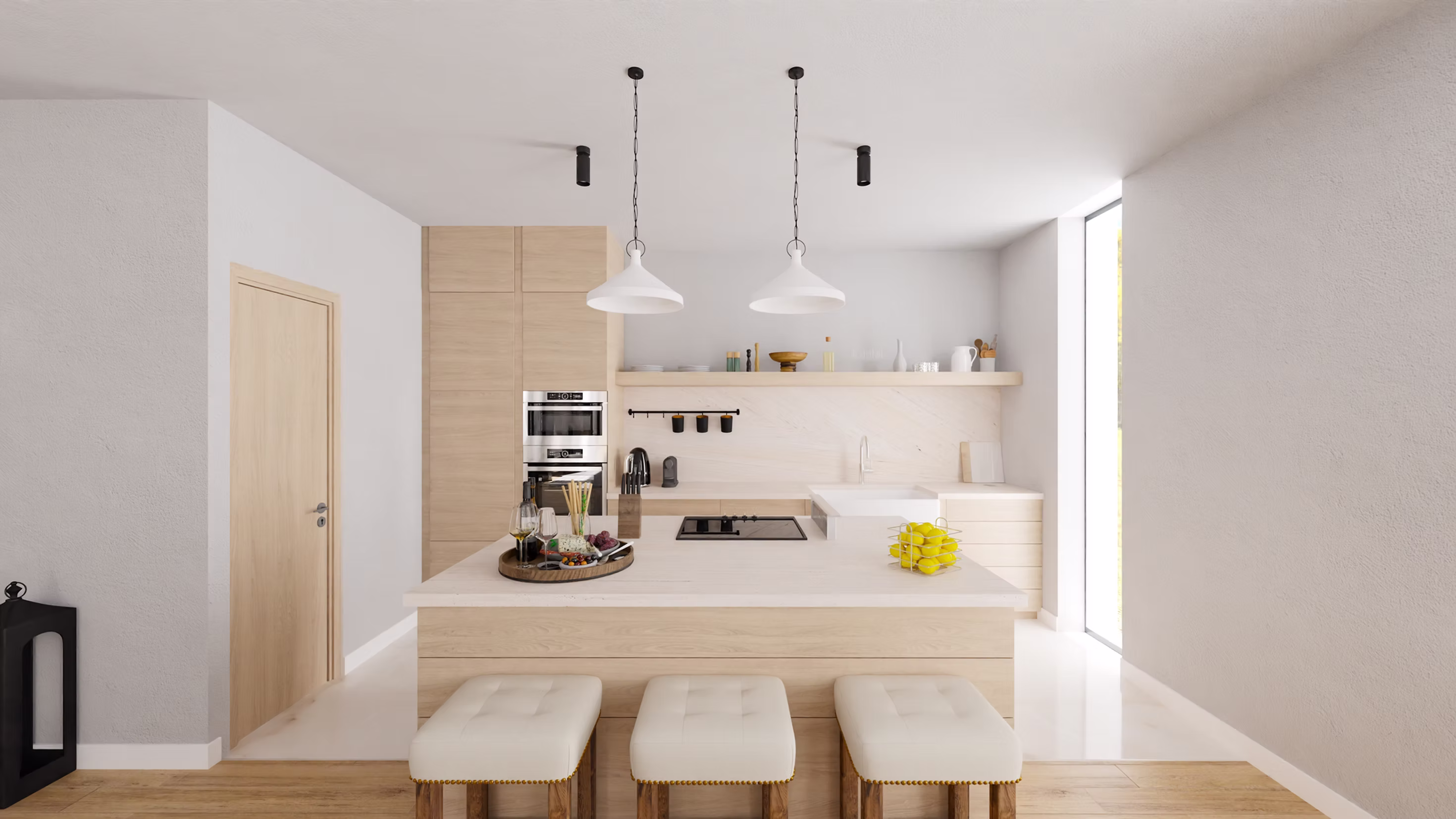 Cuisine contemporaine avec îlot central en bois clair et plan de travail blanc, fours encastrés, rangements intégrés et suspensions blanches, éclairée par une ouverture verticale.