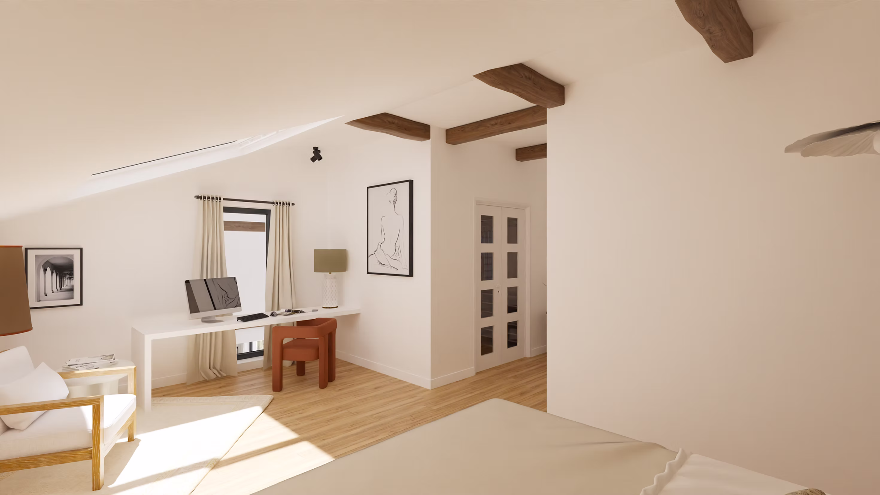 Vue latérale d’une chambre sous combles avec lit double, poutres en bois apparentes, murs clairs et mobilier minimaliste, soulignant l’architecture mansardée.