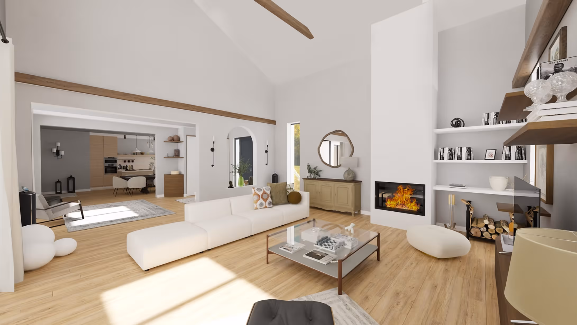 Salon avec cheminée intégrée, mobilier sobre et rangements muraux, mise en valeur des volumes et des matériaux clairs.