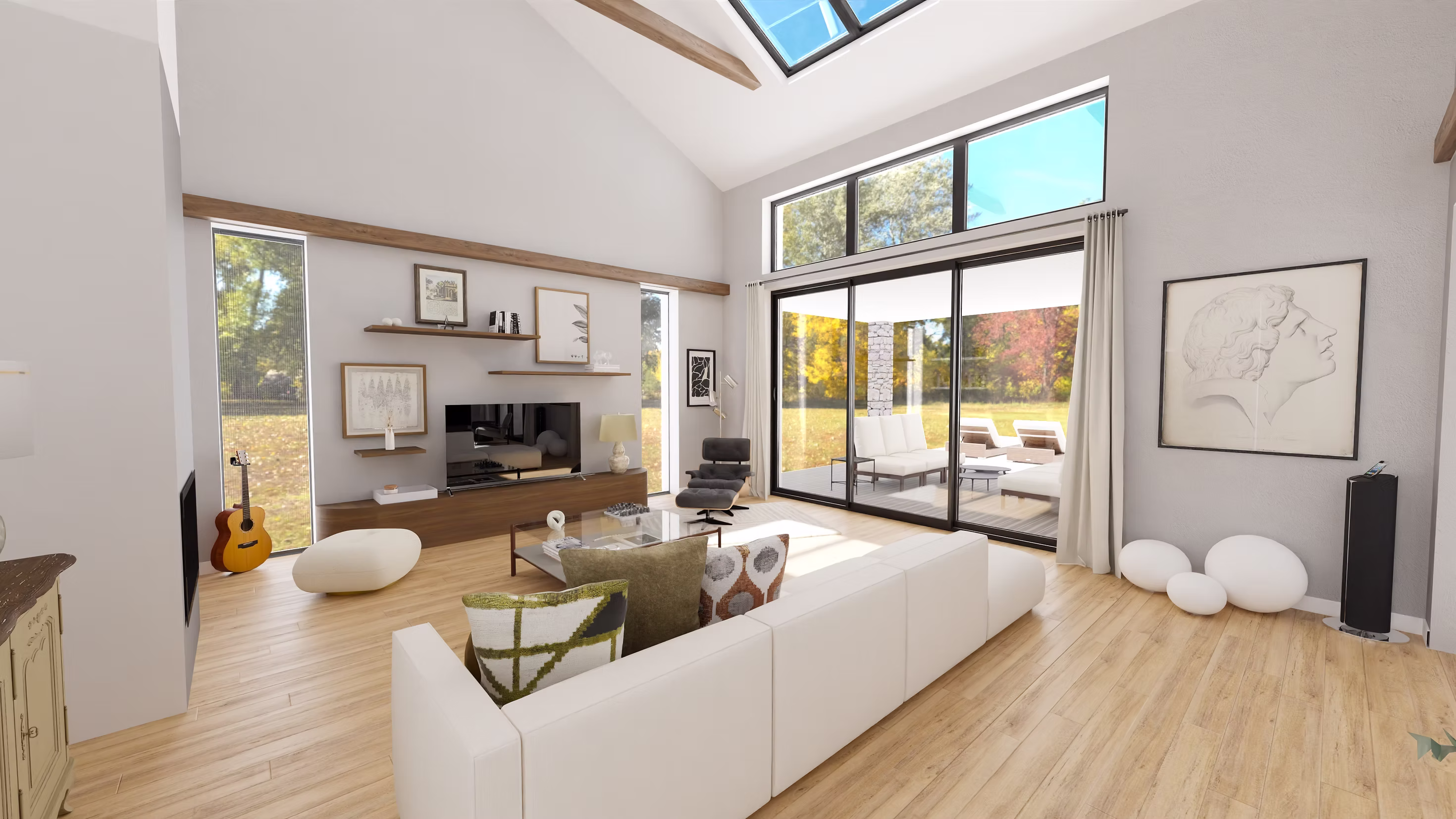 Espace de vie ouvert sur la terrasse grâce à de larges baies vitrées, sol en bois clair et plafond en pente, architecture d’intérieur.
