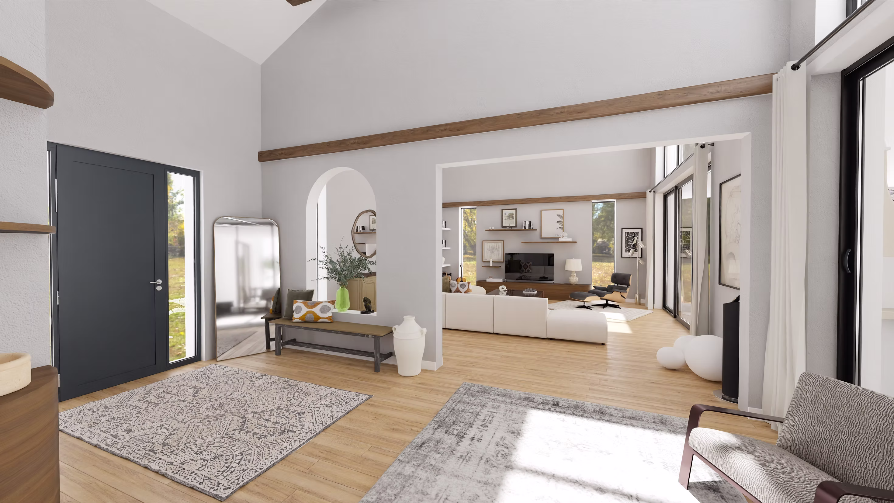 Perspective depuis l’entrée vers le séjour, arches intérieures et continuité visuelle entre les espaces de vie.