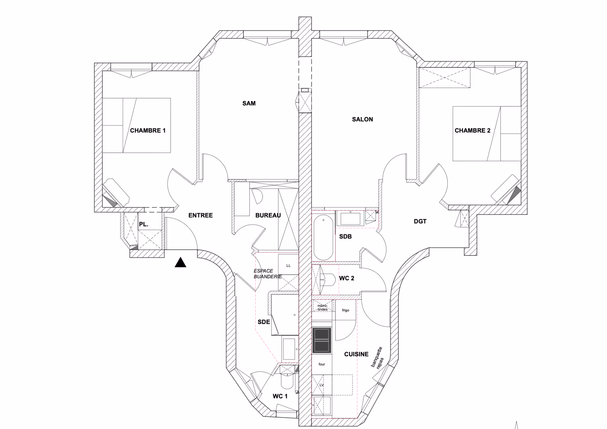 Rénovation d'un appartement haussmannien parisien (5e arr.) : plan d'architecture présentant l'agencement de l'appartement deux chambres avec salon, cuisine, salles de bains et bureau. Réalisation : Aude Riou, architecte d'intérieur.