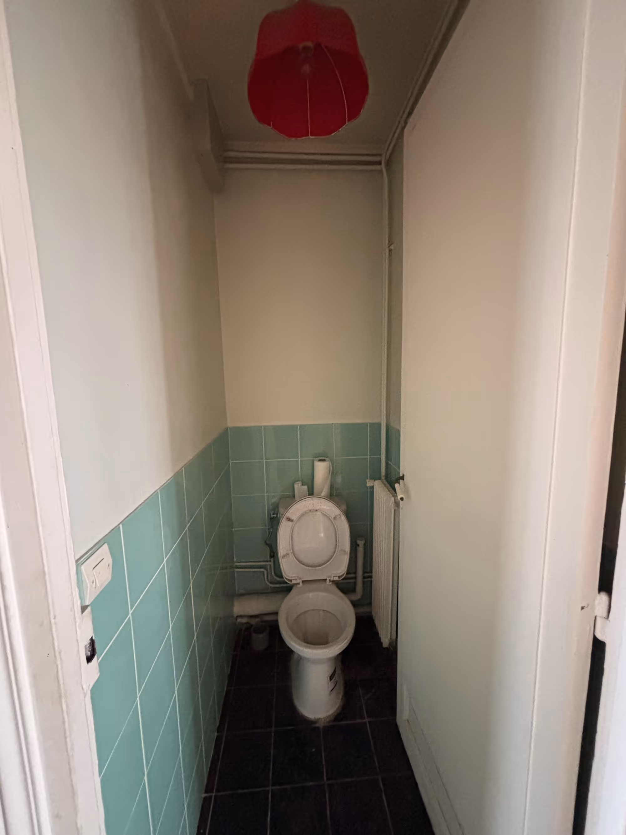 Appartement haussmannien parisien (5e arr.) avant rénovation : toilettes étroites avec WC à poser, carrelage mural vert d'eau, sol en carrelage sombre et tuyauteries apparentes.