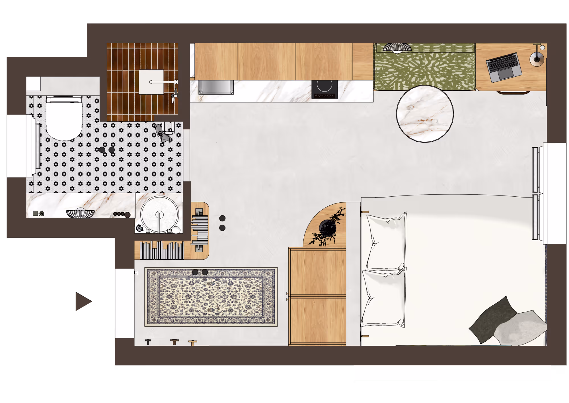 Plan en vue de dessus d'un studio parisien : salle de bain, cuisine, espace de vie et de couchage avec lit, tapis, table basse ronde, bureau avec ordinateur portable et kitchenette. Réalisation : Aude Riou, architecte d'intérieur.