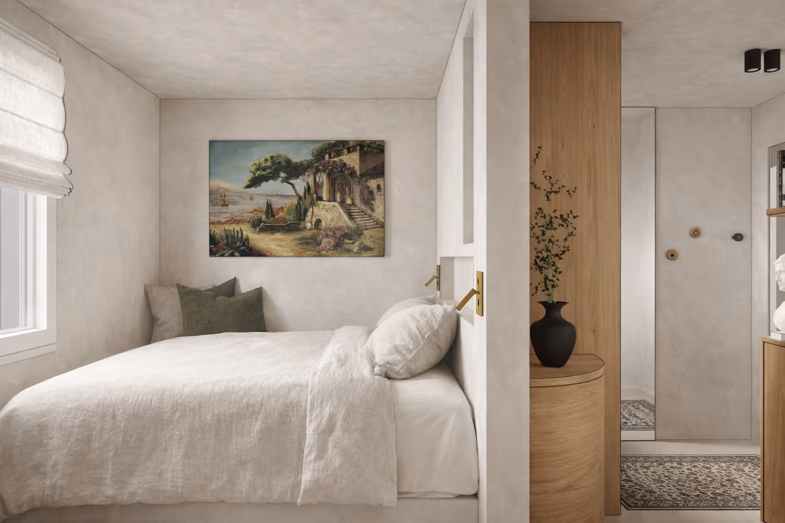 Chambre minimaliste d'un studio parisien : lit blanc, murs neutres, tableau au-dessus du lit et meuble en bois avec vase noir près d'une entrée à miroir. Réalisation : Aude Riou, architecte d'intérieur.