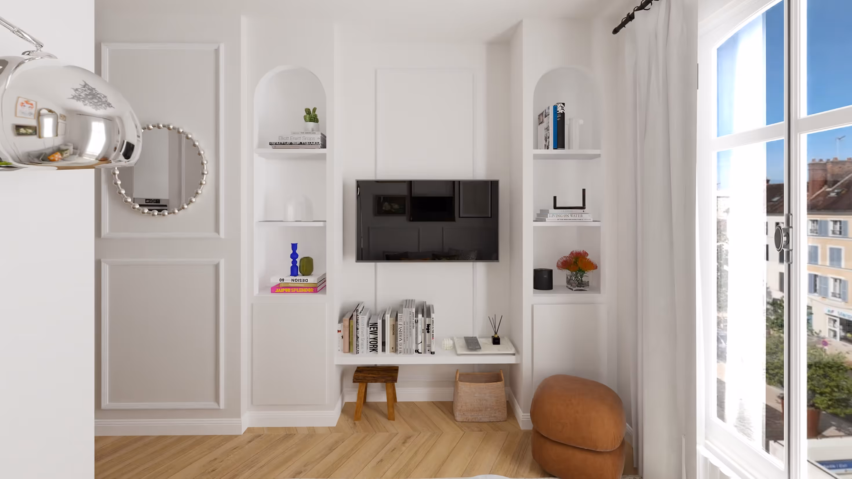 Vue du salon avec meuble TV sur mesure, rangements intégrés et assise basse, architecture d’intérieur d’un appartement parisien.